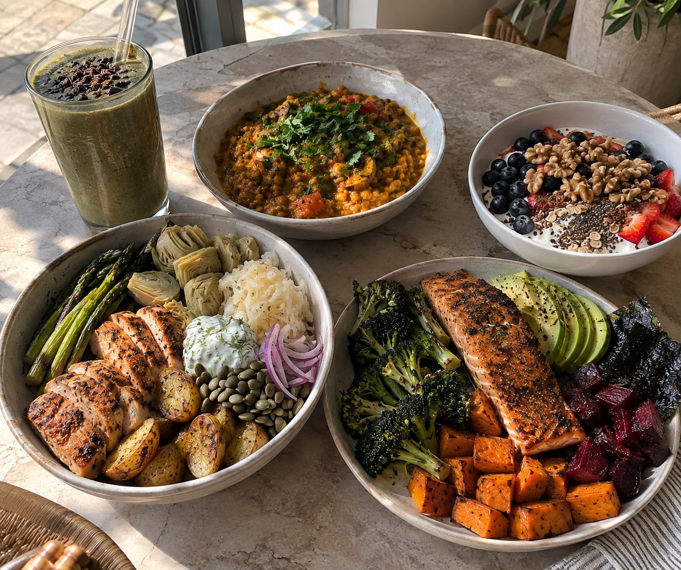 Five longevity meals on a marble table: grilled salmon bowls with sweet potato and broccoli, a chicken bowl with artichokes and pumpkin seeds, a red lentil stew, a berry yogurt bowl with walnuts, and a green smoothie